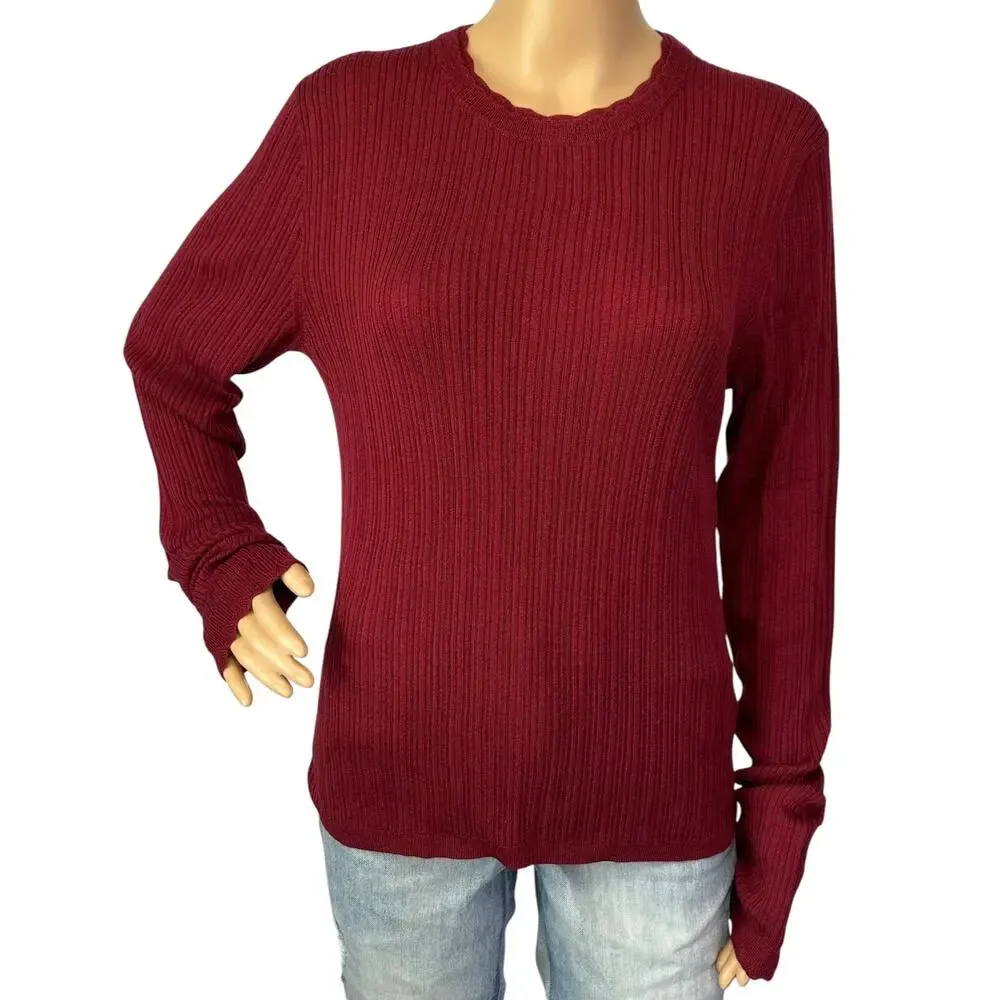 J. Crew Layered Pointelle Sweater Tee in Merino Wool Burgundy Red CN691 Size XL